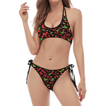 Watercolor Cherry Pattern Print Halter Scoop Tie Side Bikini
