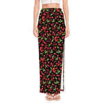 Watercolor Cherry Pattern Print High Slit Maxi Skirt