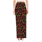 Watercolor Cherry Pattern Print High Slit Maxi Skirt