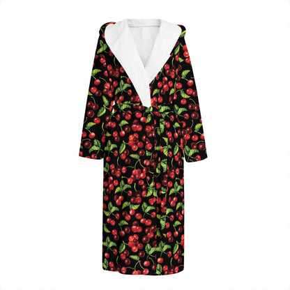 Watercolor Cherry Pattern Print Hooded Bathrobe