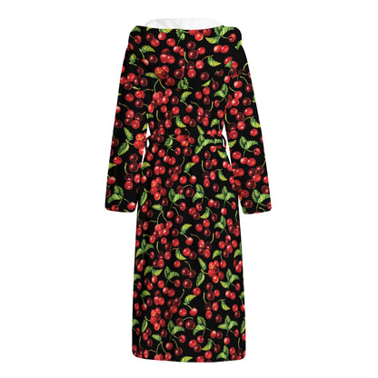 Watercolor Cherry Pattern Print Hooded Bathrobe