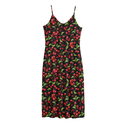 Watercolor Cherry Pattern Print Jersey Midi Cami Dress
