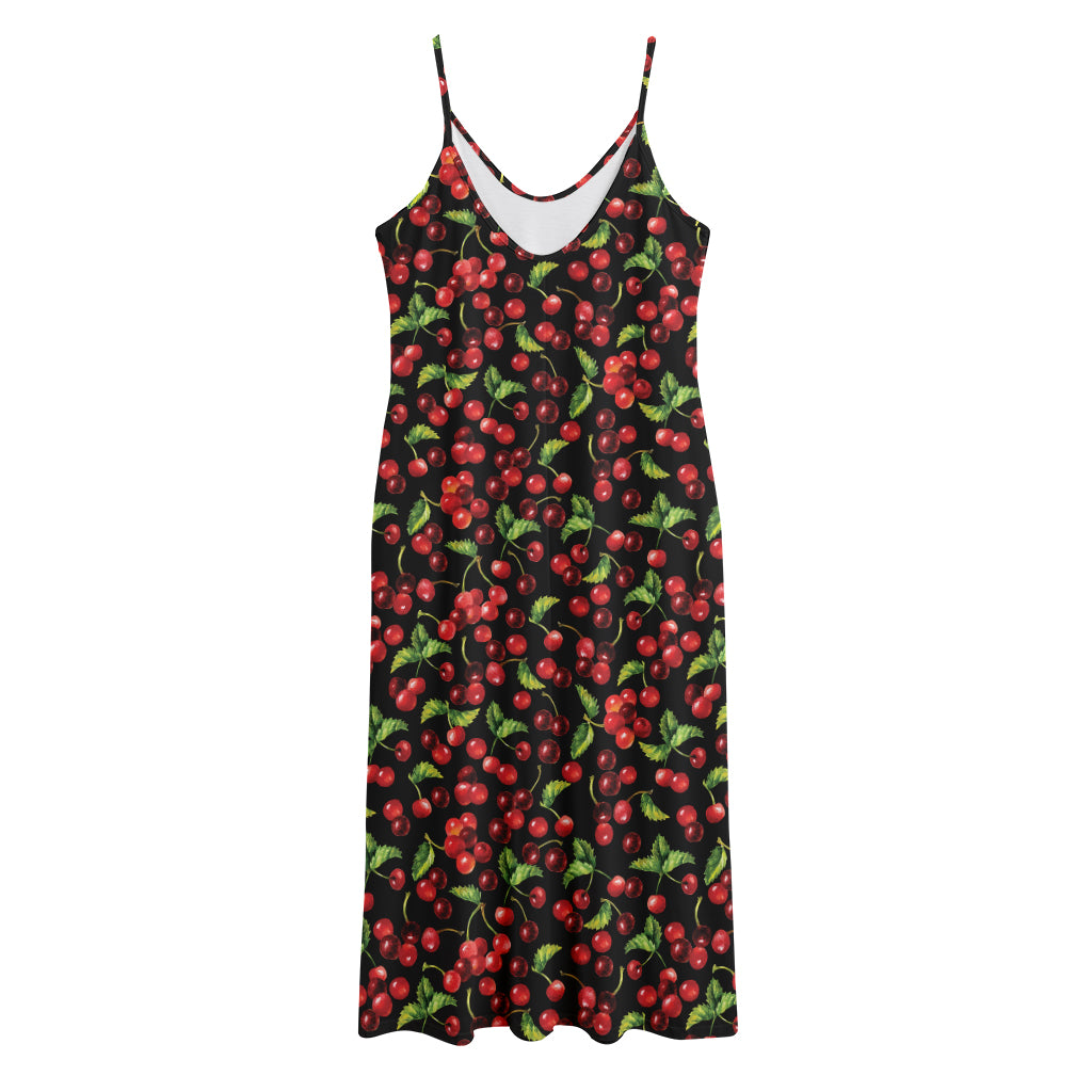 Watercolor Cherry Pattern Print Jersey Midi Cami Dress