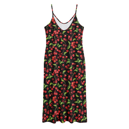 Watercolor Cherry Pattern Print Jersey Midi Cami Dress