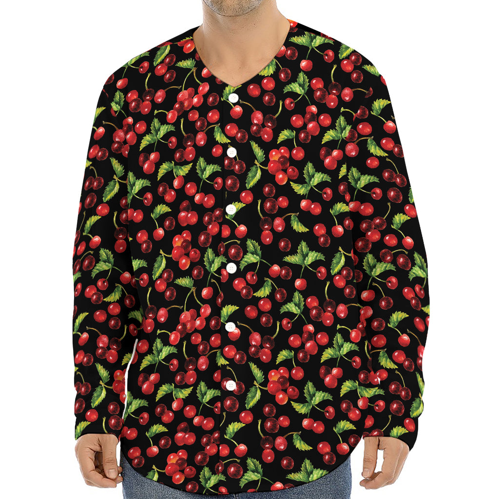 Watercolor Cherry Pattern Print Long Sleeve Baseball Jersey