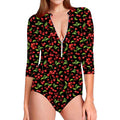 Watercolor Cherry Pattern Print Long Sleeve Swimsuit