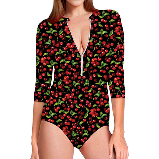 Watercolor Cherry Pattern Print Long Sleeve Swimsuit