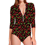 Watercolor Cherry Pattern Print Long Sleeve Swimsuit