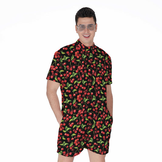Watercolor Cherry Pattern Print Men's Rompers