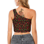 Watercolor Cherry Pattern Print One Shoulder Crop Top