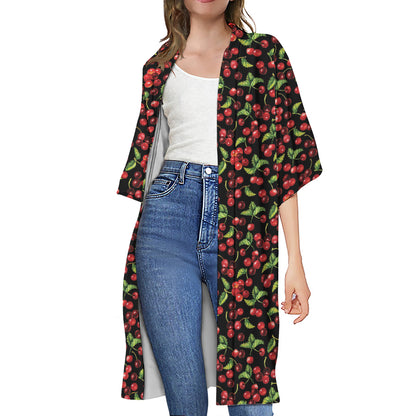 Watercolor Cherry Pattern Print Open Front Beach Cover Up