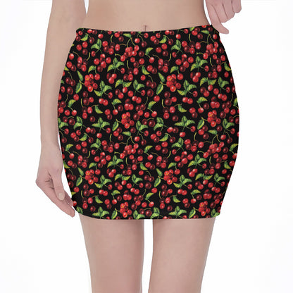 Watercolor Cherry Pattern Print Pencil Mini Skirt