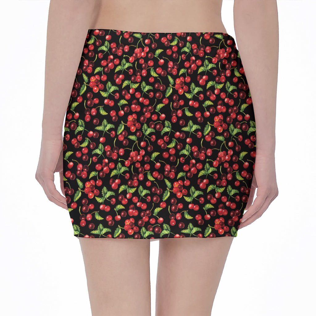 Watercolor Cherry Pattern Print Pencil Mini Skirt