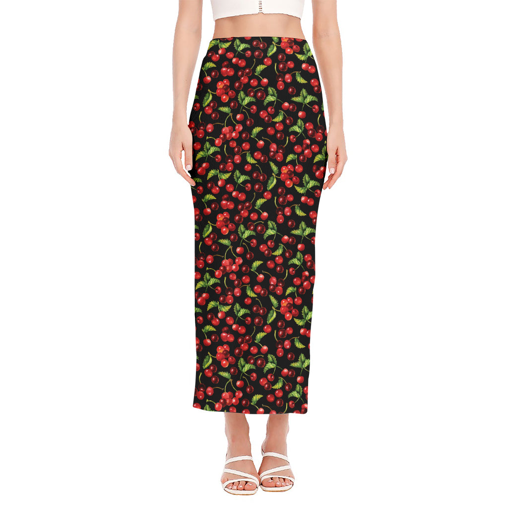 Watercolor Cherry Pattern Print Side Slit Maxi Skirt
