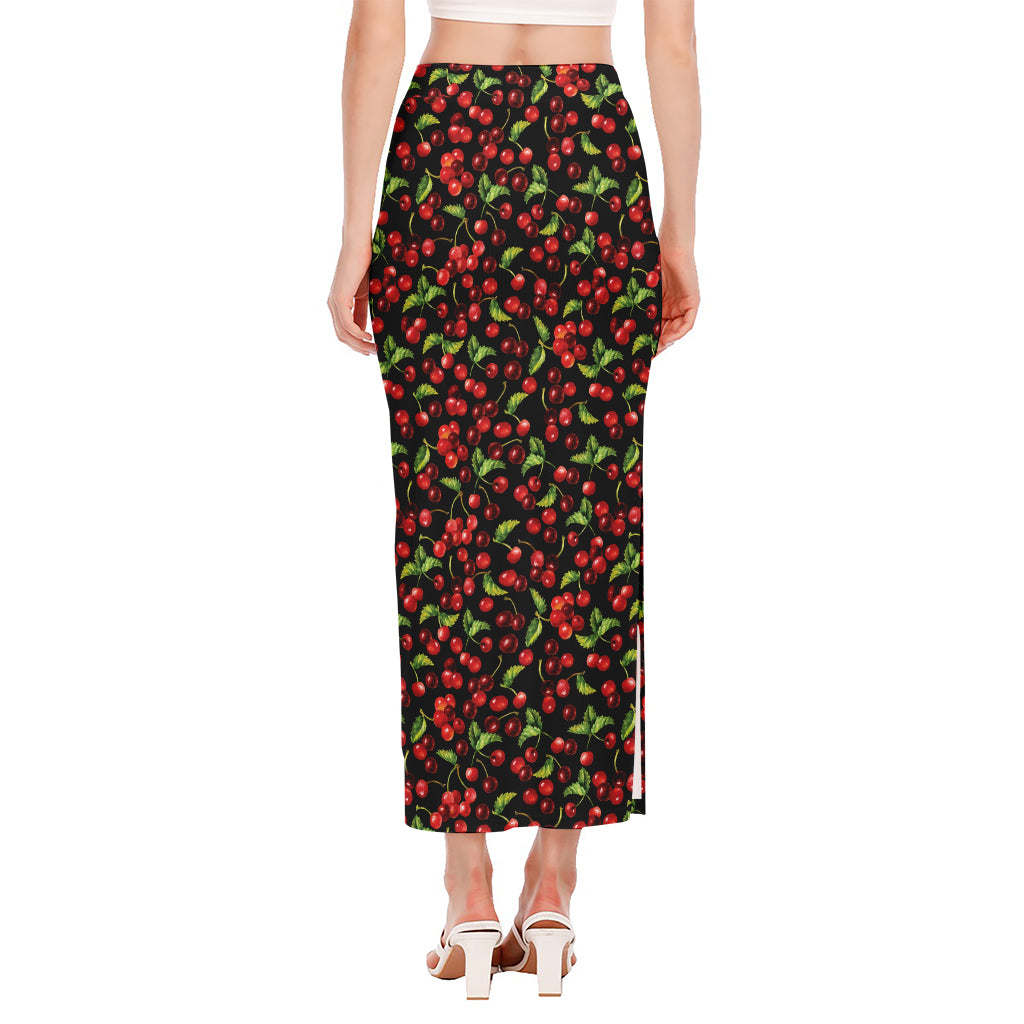 Watercolor Cherry Pattern Print Side Slit Maxi Skirt