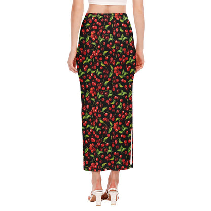 Watercolor Cherry Pattern Print Side Slit Maxi Skirt