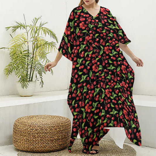 Watercolor Cherry Pattern Print Silk V-Neck Kaftan Dress