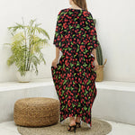 Watercolor Cherry Pattern Print Silk V-Neck Kaftan Dress