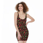 Watercolor Cherry Pattern Print Sleeveless Bodycon Dress