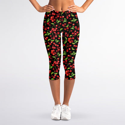 Watercolor Cherry Pattern Print Women's Capri Leggings