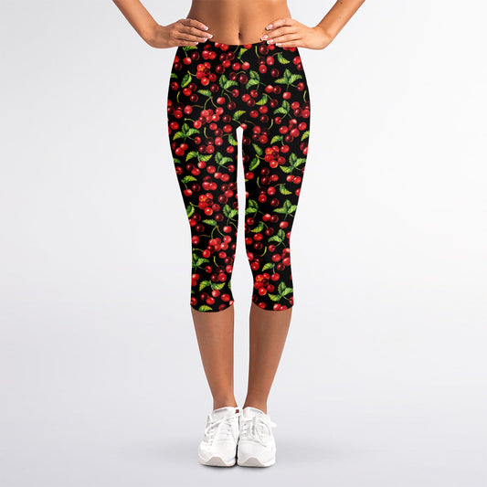 Watercolor Cherry Pattern Print Women's Capri Leggings