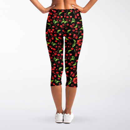 Watercolor Cherry Pattern Print Women's Capri Leggings