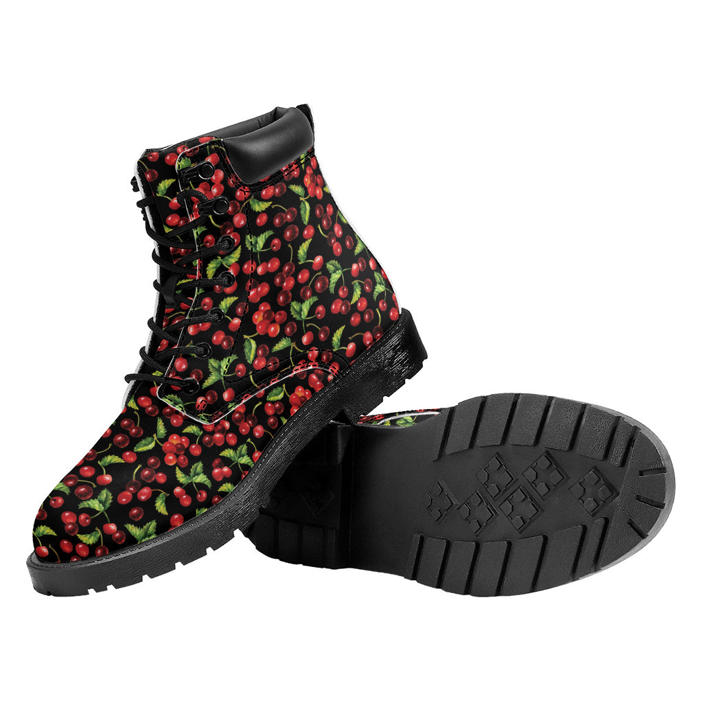 Watercolor Cherry Pattern Print Work Boots