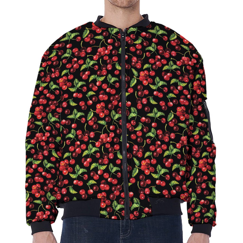 Watercolor Cherry Pattern Print Zip Sleeve Bomber Jacket