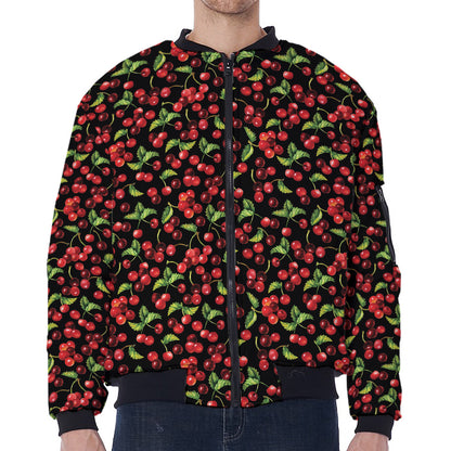 Watercolor Cherry Pattern Print Zip Sleeve Bomber Jacket