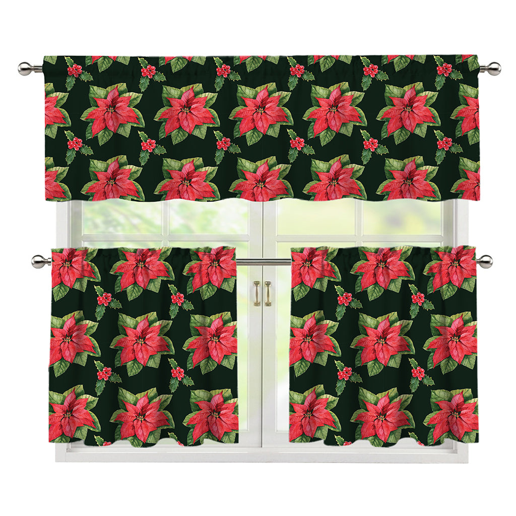 Watercolor Christmas Poinsettia Print 3 Piece Kitchen Curtains