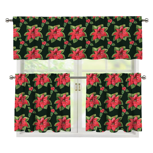 Watercolor Christmas Poinsettia Print 3 Piece Kitchen Curtains