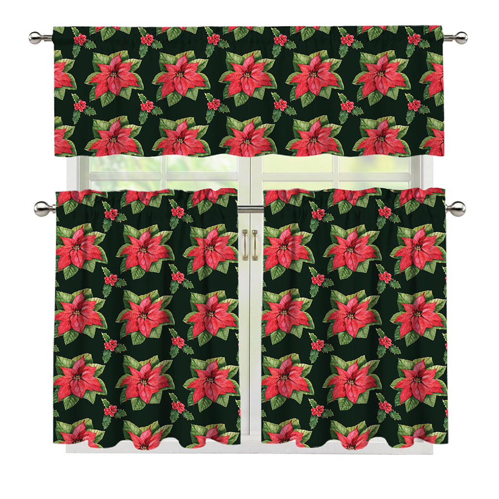 Watercolor Christmas Poinsettia Print 3 Piece Kitchen Curtains