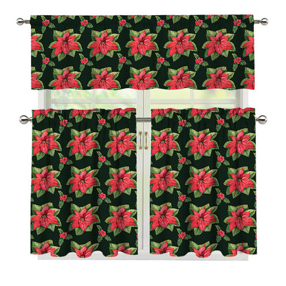 Watercolor Christmas Poinsettia Print 3 Piece Kitchen Curtains