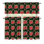 Watercolor Christmas Poinsettia Print 3 Piece Kitchen Curtains