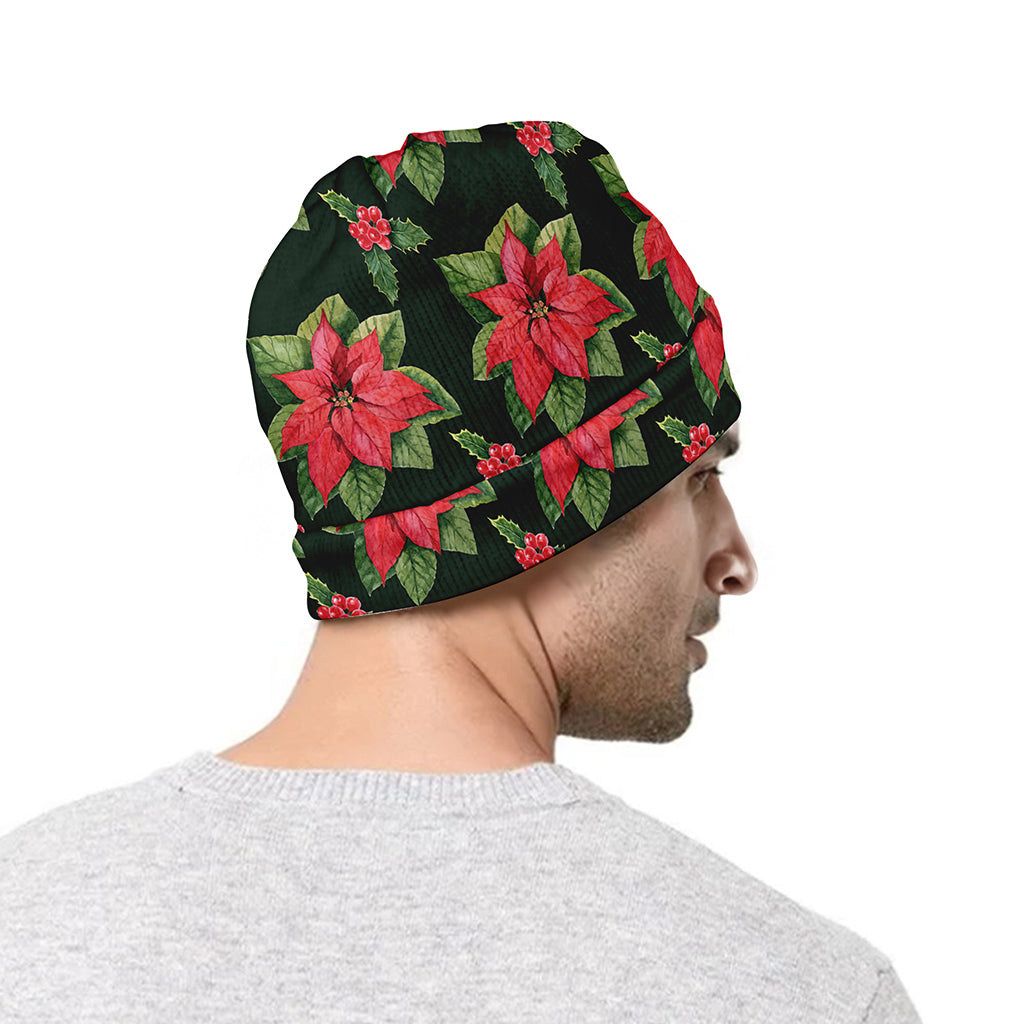 Watercolor Christmas Poinsettia Print Beanie