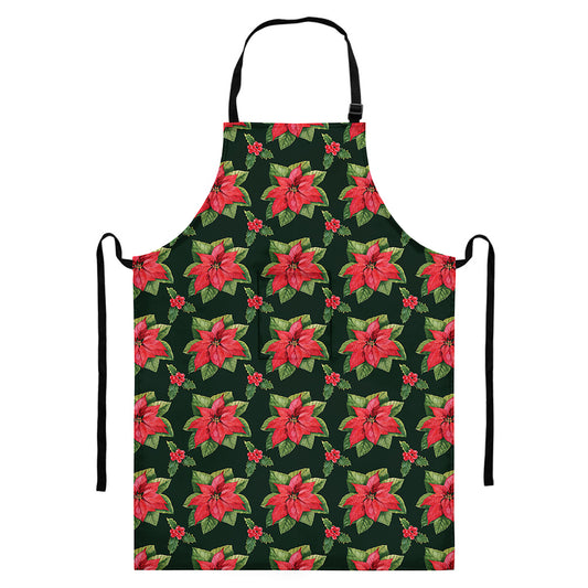 Watercolor Christmas Poinsettia Print Bib Apron With Pocket