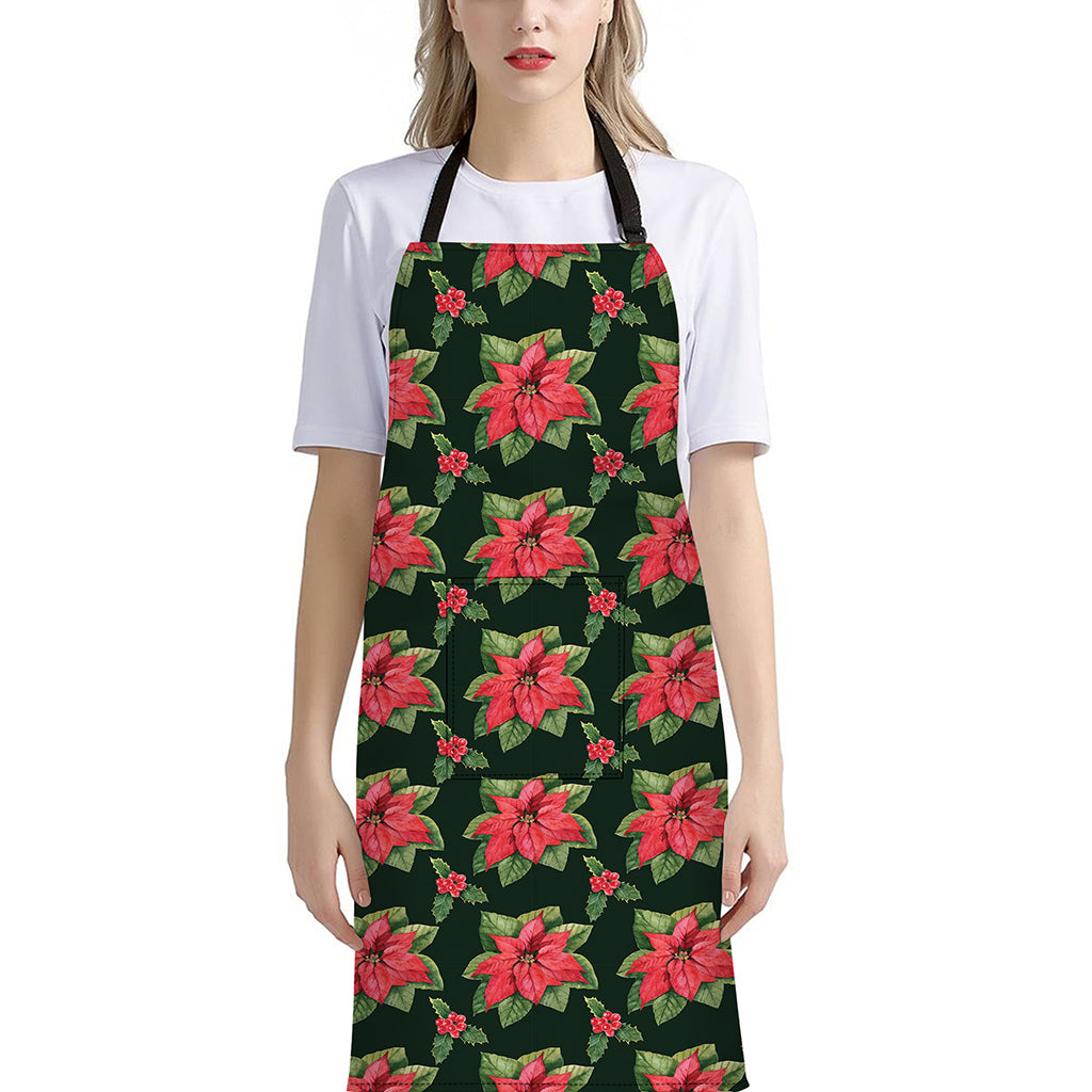 Watercolor Christmas Poinsettia Print Bib Apron With Pocket