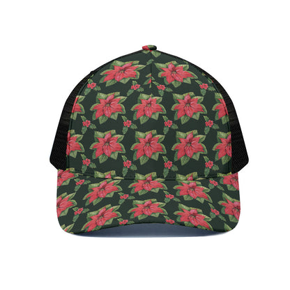 Watercolor Christmas Poinsettia Print Black Mesh Trucker Cap