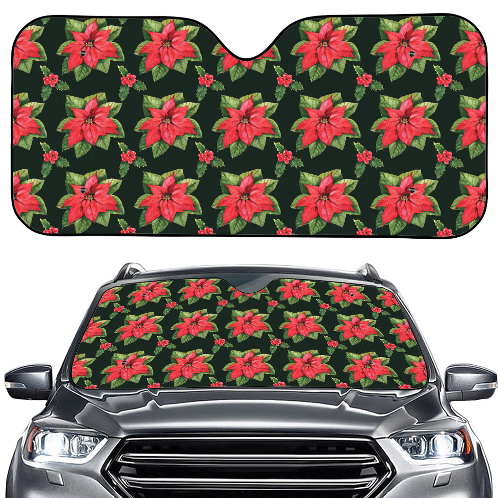 Watercolor Christmas Poinsettia Print Car Windshield Sun Shade