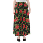 Watercolor Christmas Poinsettia Print Chiffon Maxi Skirt