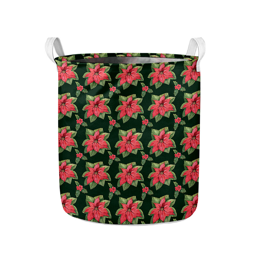 Watercolor Christmas Poinsettia Print Collapsible Laundry Basket