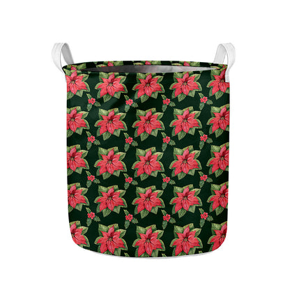 Watercolor Christmas Poinsettia Print Collapsible Laundry Basket