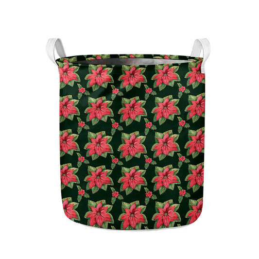 Watercolor Christmas Poinsettia Print Collapsible Laundry Basket