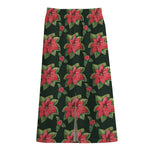 Watercolor Christmas Poinsettia Print Cotton Front Slit Maxi Skirt