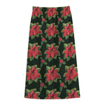 Watercolor Christmas Poinsettia Print Cotton Front Slit Maxi Skirt