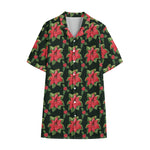 Watercolor Christmas Poinsettia Print Cotton Hawaiian Shirt