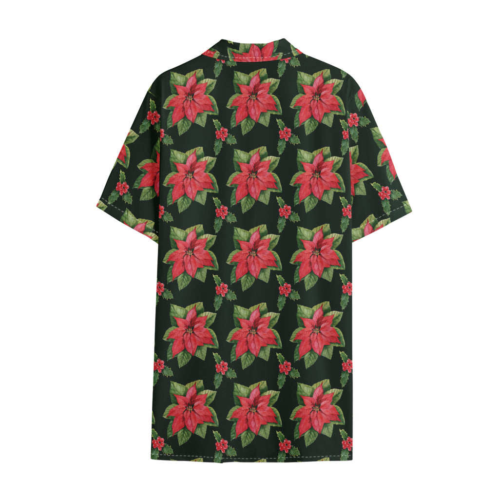 Watercolor Christmas Poinsettia Print Cotton Hawaiian Shirt