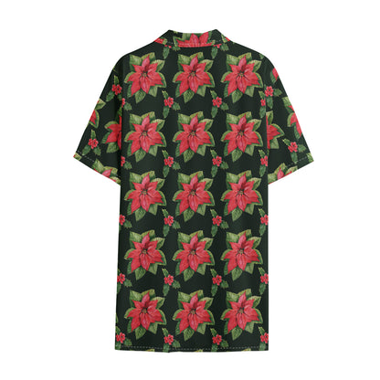 Watercolor Christmas Poinsettia Print Cotton Hawaiian Shirt