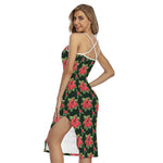 Watercolor Christmas Poinsettia Print Cross Back Cami Dress