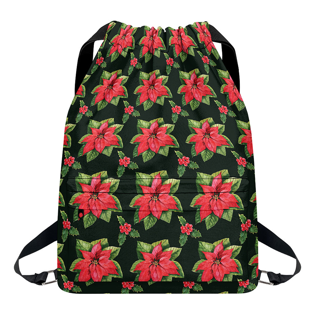 Watercolor Christmas Poinsettia Print Drawstring Backpack